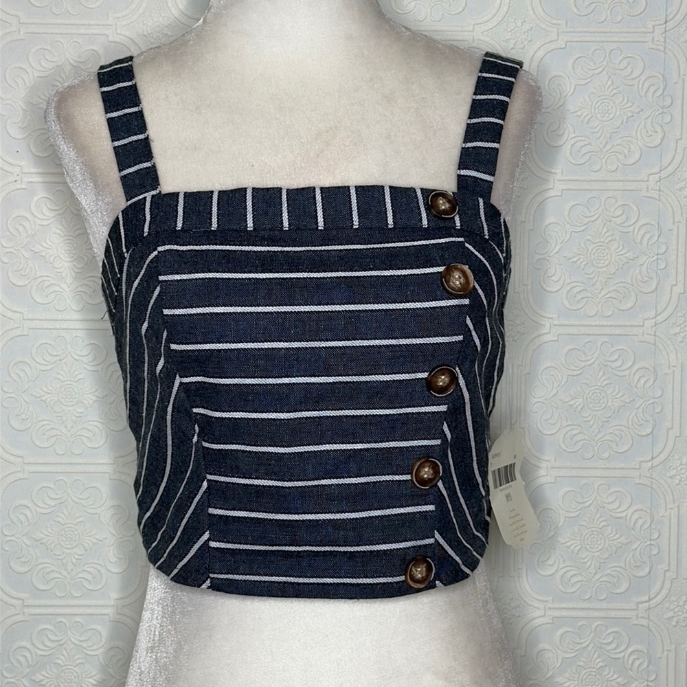 altar’d state | Blue with Stripe Crop Tank Top with Button Details